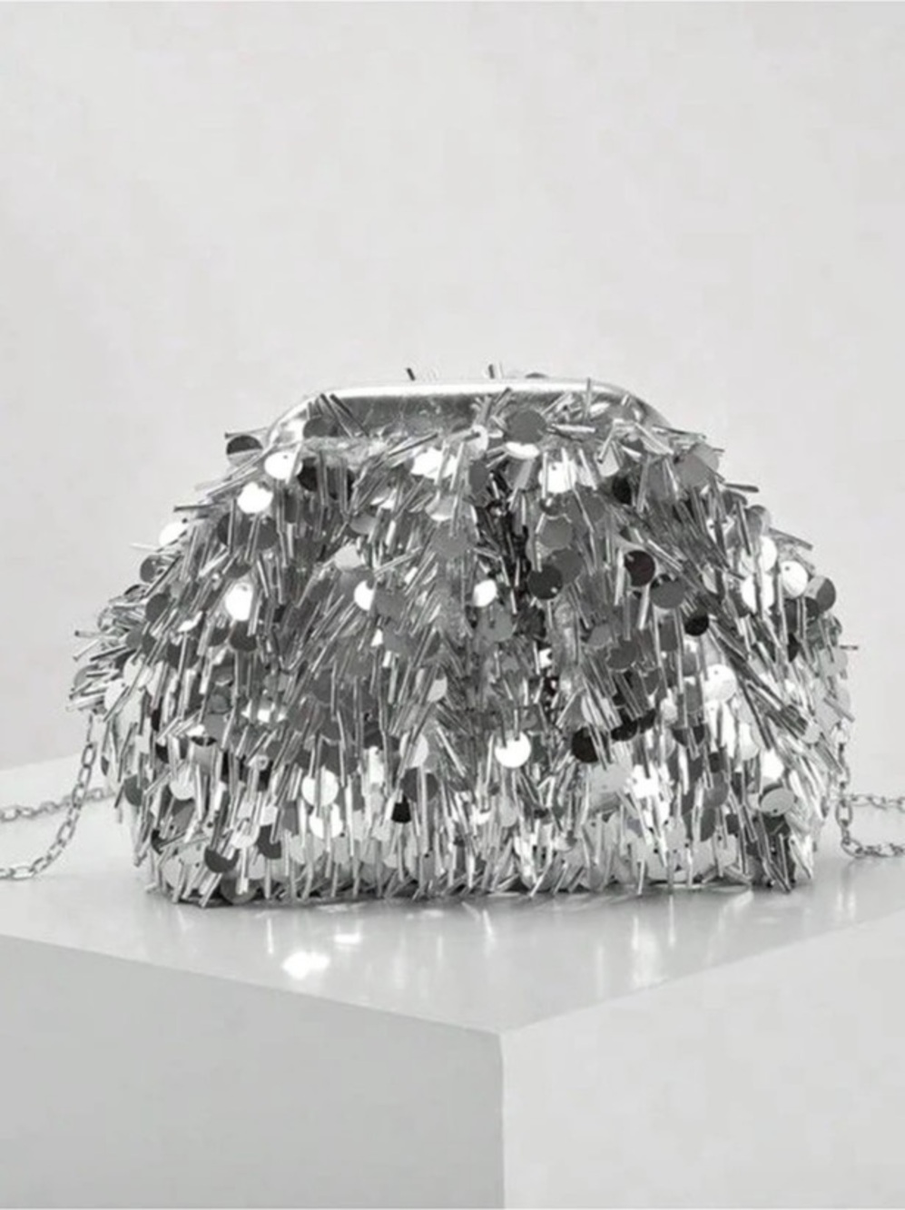 Luxe Silver Sequin Fringe Mini Evening Bag